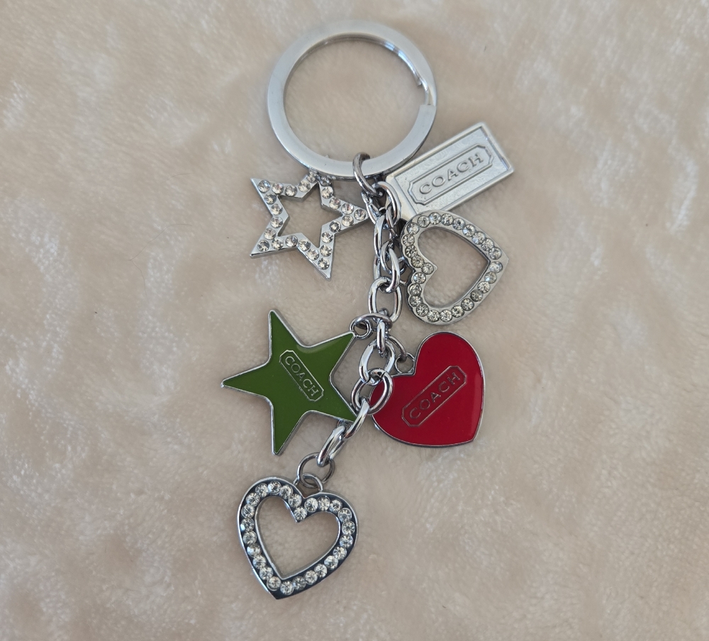Coach Silver, Red, and Green Star Heart Keychain